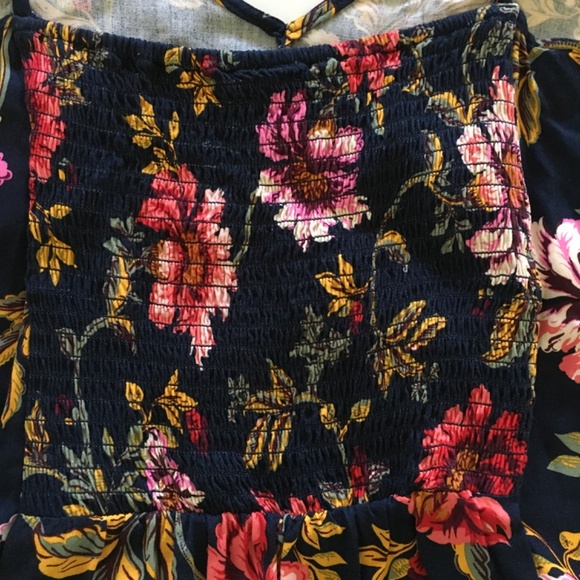 Old Navy Navy Blue Floral Satin Smocked Midi Slip Dress Sz XXL Floral Side Slit - Picture 8 of 15